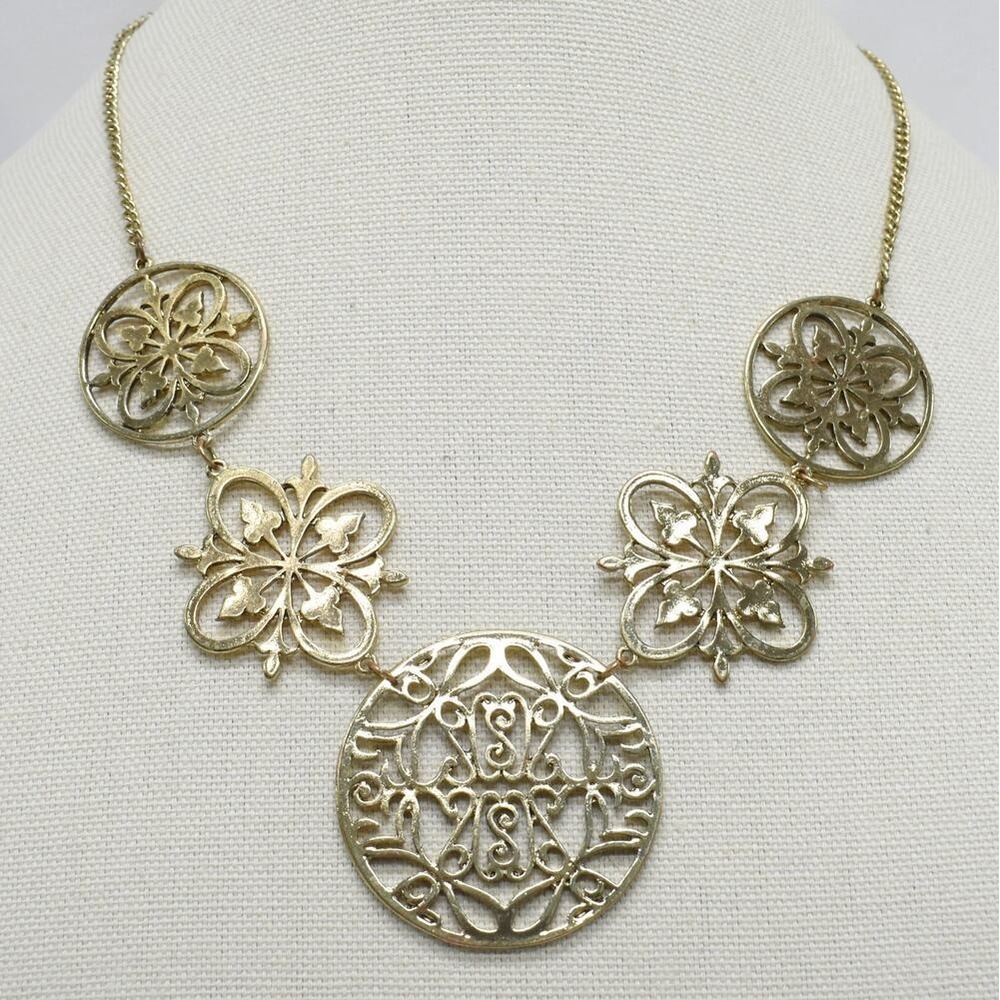 Gold Tone Statement Necklace Chunky Bib Collar Costume Jewelry Boho Mandala